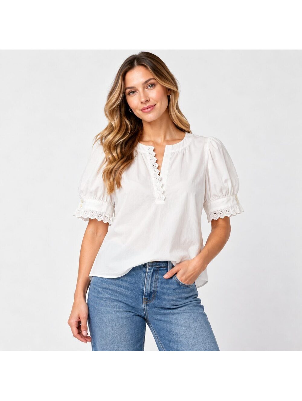 Frame The Keepsake Popover Top White Cotton Eyelet Lace Puff Sleeve XL NWT